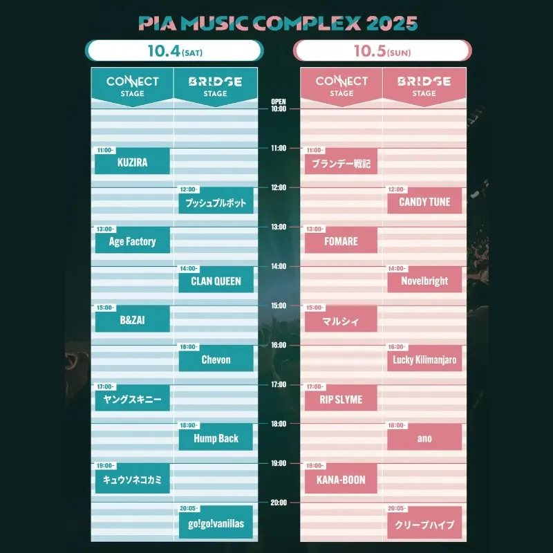 go!go!vanillas、クリープハイプがトリを飾る!「PIA MUSIC COMPLEX 2025」ぴあフェス タイムテーブルを発表!10月4日(土)・5日(日) @横浜・ぴあアリーナMM