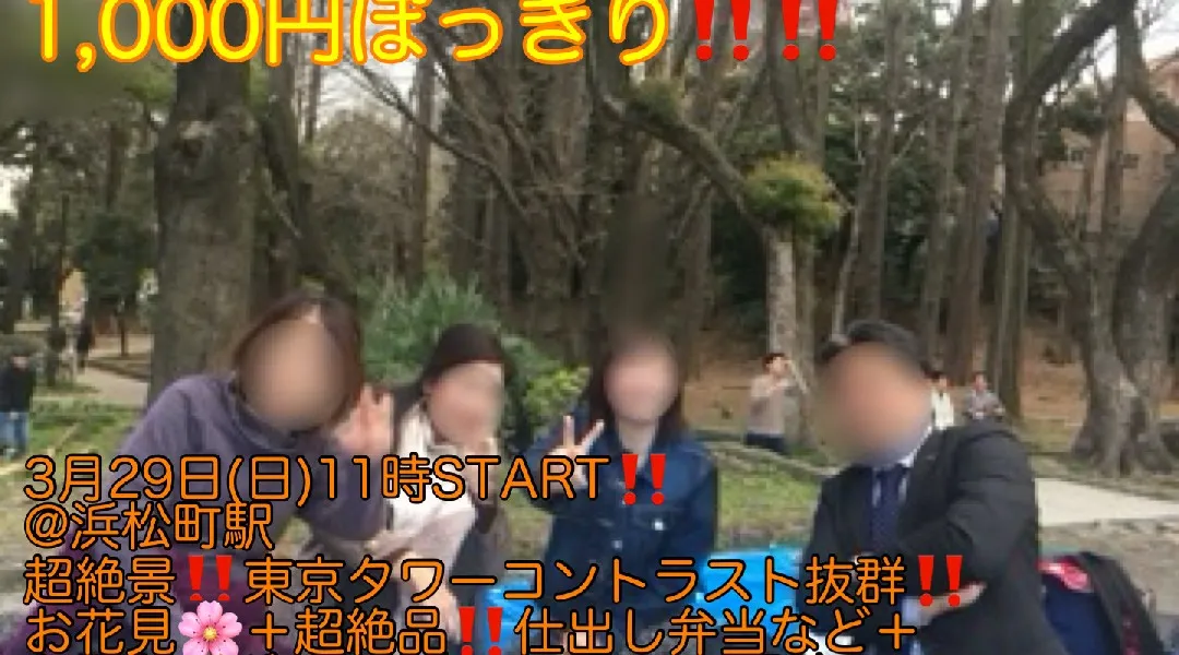 (お花見史上超爆安1,000円ぽっきり‼️)【3月29日(日)11時〜浜松町】超絶景‼️東京タワーコントラスト抜群スポットで仕出し弁当等食事＋お酒などガッツリ飲んで超爆安1,000円‼️お花見縁活会‼