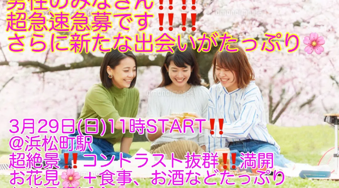 (男性‼️‼️超メガMAX急募‼️‼️)【3月29日(日)11時〜浜松町】超絶景‼️東京タワーコントラスト抜群スポットで仕出し弁当等食事＋お酒などガッツリ飲んで超爆安1,000円‼️お花見縁活会‼
