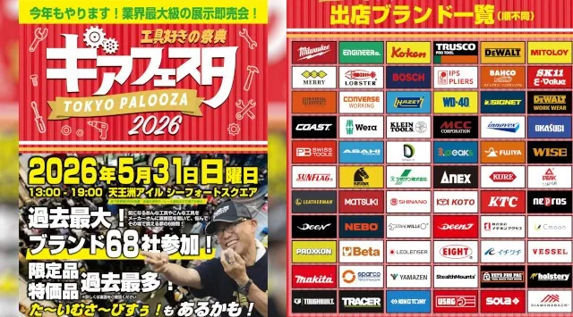 68ブランド集結、工具屋が仕掛ける“日本最大級”の「ギアフェスタ2026」が天王洲で開催　触れて、試して、納得して買える体験型イベント　ファクトリーギア株式会社