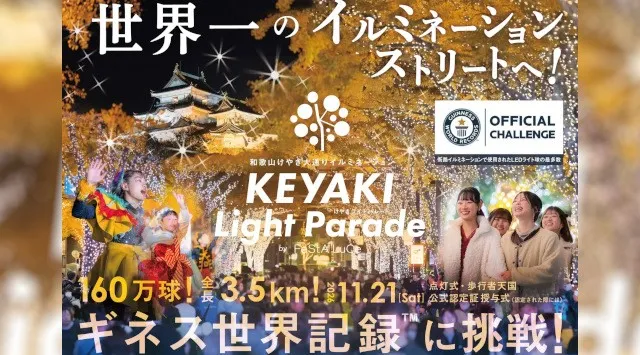 けやきライトパレード、160万球のLEDでギネス世界記録™に挑戦！11月21日の点灯式で審査を実施、点灯時間は24時まで延長！和歌山けやき大通りイルミネーション実行委員会