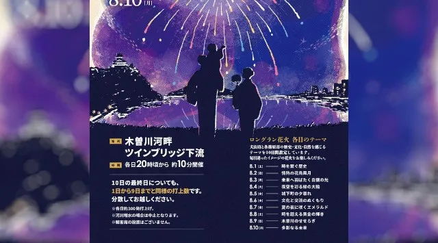 日本ライン夏まつりロングラン花火 花火大会2026 愛知県犬山市 木曽川河畔 ツインブリッジ下流一帯 - 打ち上げ予定時間・日程・場所 - 花火大会 夏祭り