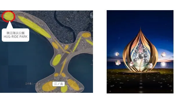 日本三大イルミネーション「湘南の宝石」に新スポット。鵠沼海浜公園 HUG-RIDE PARKに海辺の夕景に輝く高さ3.5mの木製オブジェが初登場！12月20日(土)〜1月12日(月・祝)まで限定開催