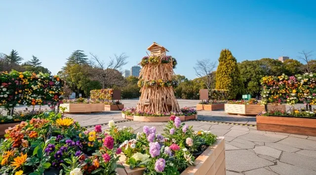 【東京・木場公園】咲き誇る桜と光り輝く立体花壇。高さ3.5m「角材の常夜灯」が誘う早春の花のイルミネーション。地域の園児も花植えに参加、日中も夜も美しい「光と花の17日間」が開始！株式会社日比谷花壇