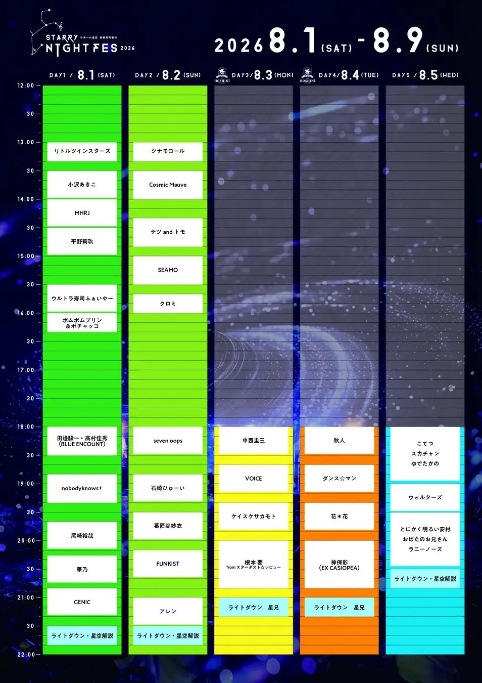 【日本一の星空】長野県阿智村　STARRY NIGHT FES 2026 タイムテーブル発表　総勢70組を超えるアーティストやパフォーマーと、満天の星をお楽しみください　阿智☆昼神観光局