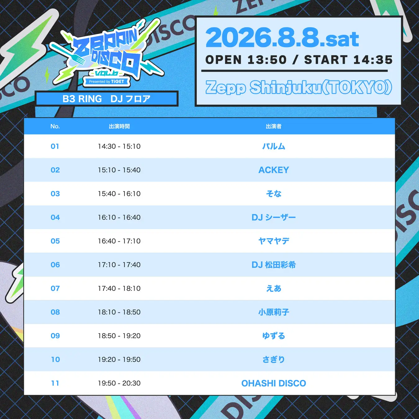 ライブステージとDJフロアの2フロア構成で開催する拡大版「ZEPPIN DISCO Vol.6」全出演者・タイムテーブルを公開　株式会社grabss