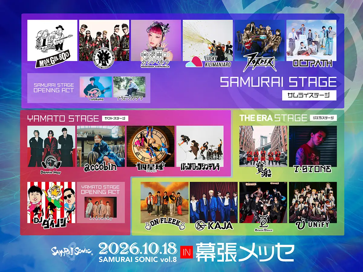 MONGOL800、氣志團ら豪華アーティスト総勢20組が出演！「SAMURAI SONIC vol.8」10月18日、幕張メッセで開催。親子で楽しめる新企画が登場、昨年好評の徳島企画もパワーアップ！
